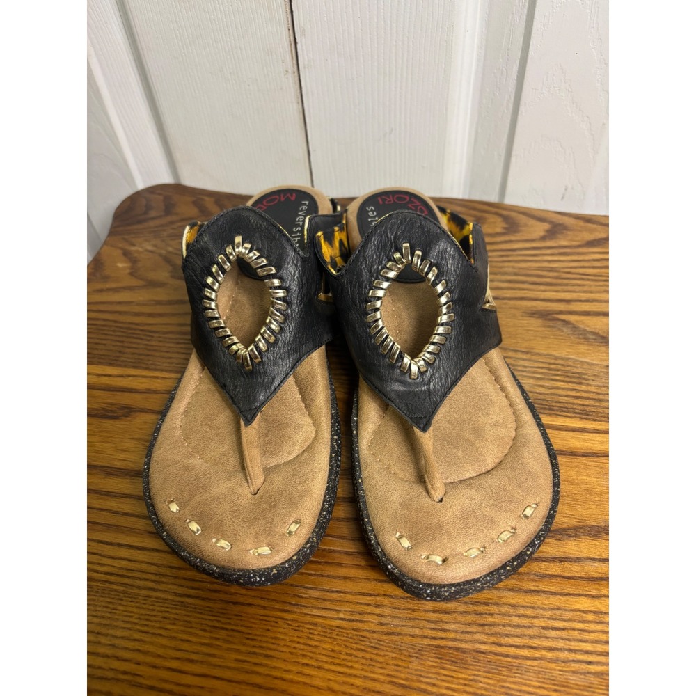Modzori Reversibles Sandals Black Leopard Gold Thong Flip Flop‎ Wedge Shoes 6